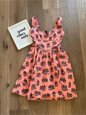 Nooworks Coral Pink Fit and Flare House-Print Cotton Dress